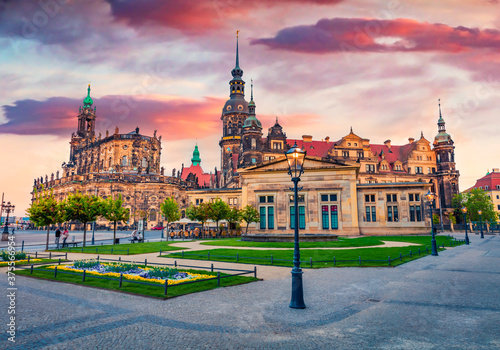 Impressive evening view of residence of electors and kings of Saxony in Dresden. Colorful sunset in Dresden, Germany. Castle or Royal Palace (Dresdner Residenzschloss,Dresdner Schloss).