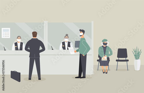 Bank office is open during epidemic of virus.Employees in protective medical mask behind counter serve customers.Clients stand in hall near cash register window and talk to clerks.Vector illustration