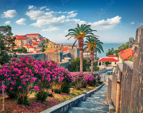 Fototapeta Naklejka Na Ścianę i Meble -  Fabulous morning view of famous Fort Bokar in city of Dubrovnik. Stunning spring cityscape of Croatia, Europe. Beautiful world of Mediterranean countries. Traveling concept background.