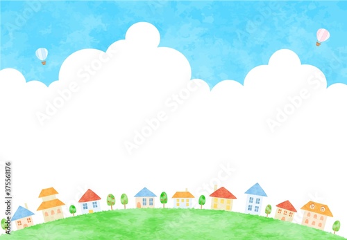 入道雲と街並みの風景イラスト