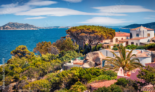 Warm summer day in Rafael port, Province of Olbia-Tempio, Italy, Europe. Bright morning view of Sardinia. Colorful seascape om Mediterranean sea. Traveling concept background.