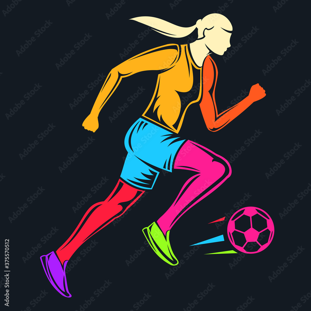 Hand drawn color silhouette running girl football player isolated on black background. Stylized vector illustration of athletics. Minimalistic vintage design template element for print, label, badge.