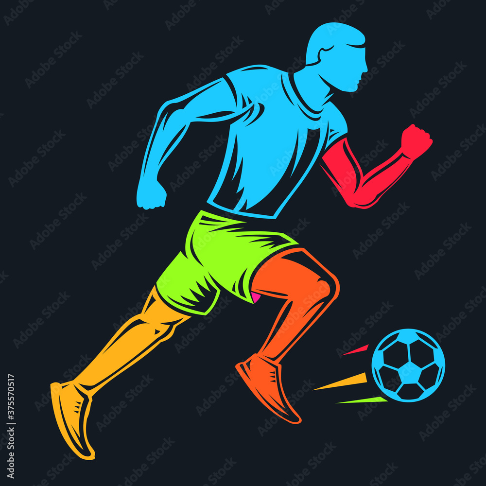 Hand drawn color silhouette running man football player isolated on black background. Stylized vector illustration of athletics. Minimalistic vintage design template element for print, label, badge.