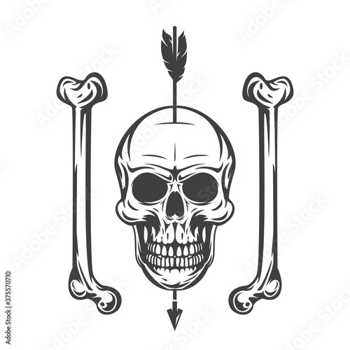 Vintage monochrome human skull with bones and arrow isolated on white background. Hand drawn design element template for emblem, print, cover, poster. Vector illustration.