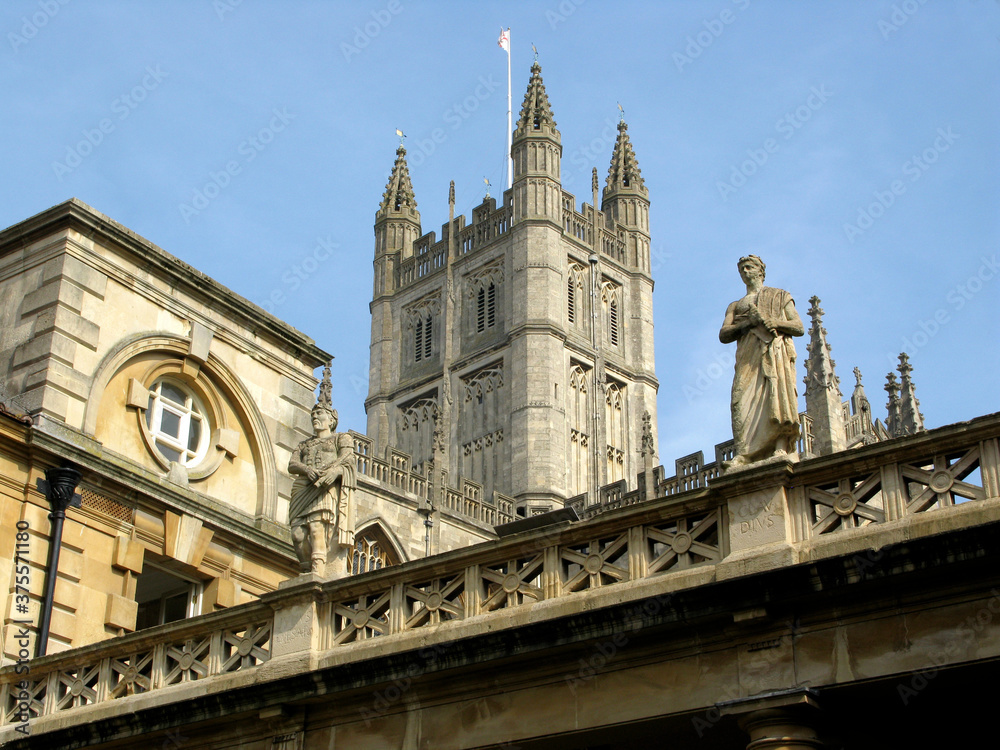 Bath Abbey viewed from the Roman Baths, in the centre of Bath, Somerset