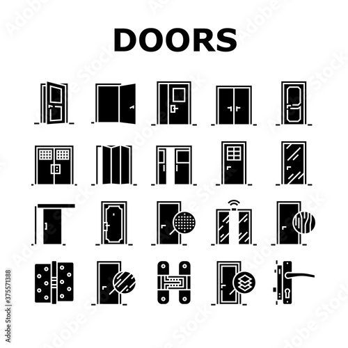 Interior Doors Types Collection Icons Set Vector. Swing, Sliding And Folding Doors, Veneer And Medium Density Fibreboard, Wooden And Metal Material Glyph Pictograms Black Illustrations
