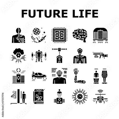 Future Life Devices Collection Icons Set Vector. Flying City And Car, Human Fly Gadget And Drone Wifi, Ai Brain And Chip, Robot And Teleport Glyph Pictograms Black Illustrations