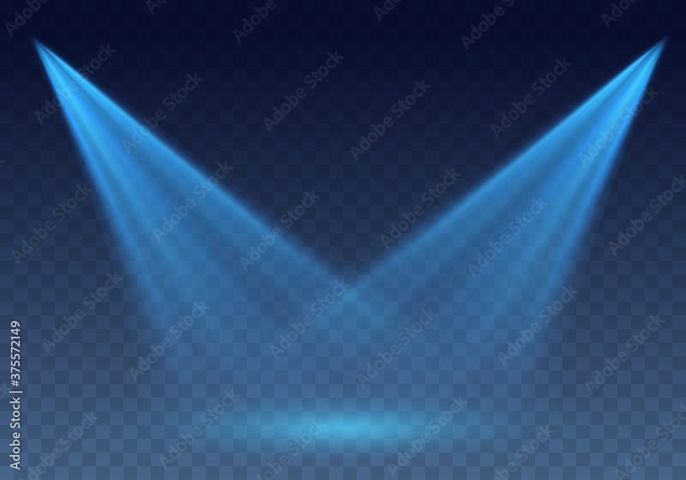 Blue scanner or laser effect. Glowing stage light rays isolated on transparent background. Vector bright scene spotlight projector beams - obrazy, fototapety, plakaty 