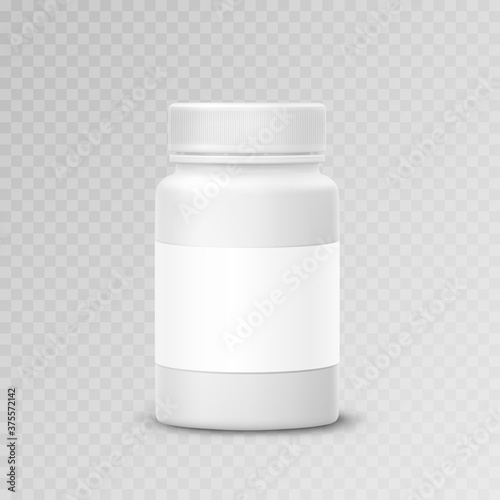 Bottle mockup with blank label isolated on transparent background. White medicine plastic package for pills, vitamins or capsules. Vector empty jar, container mock up