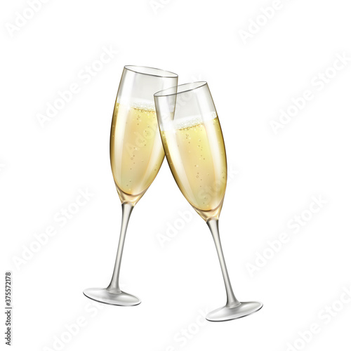 Champagne or golden wine glasses isolated on white background. Vector greating Happy New Year alcohol toast wineglass. 3d festive wedding event elements with drink