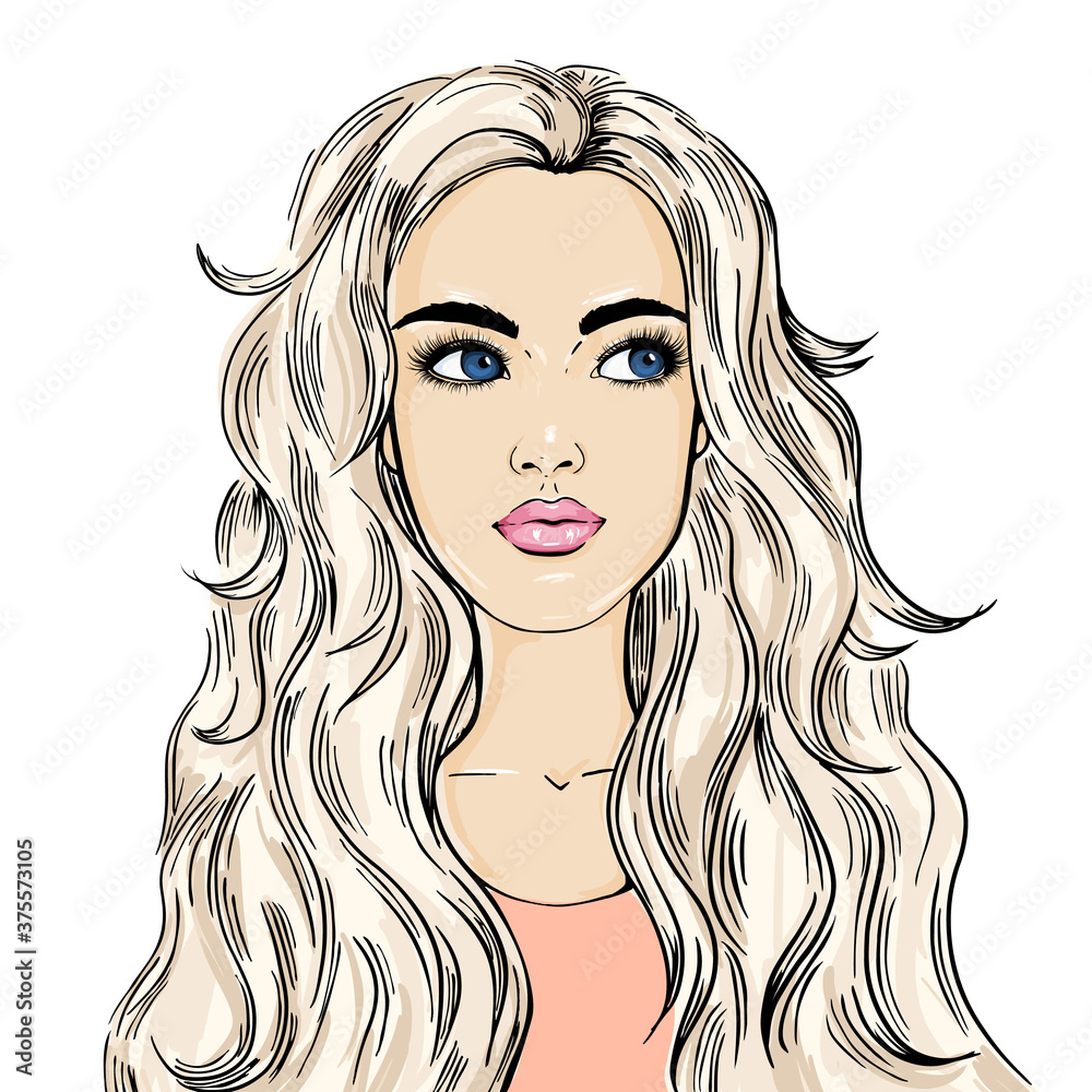 Fashion illustration. Beautiful face. The woman looks to the side, pensive face. Vector EPS 10. Fashion illustration. Beautiful face. The woman looks to the side, pensive face. Vector EPS 10.