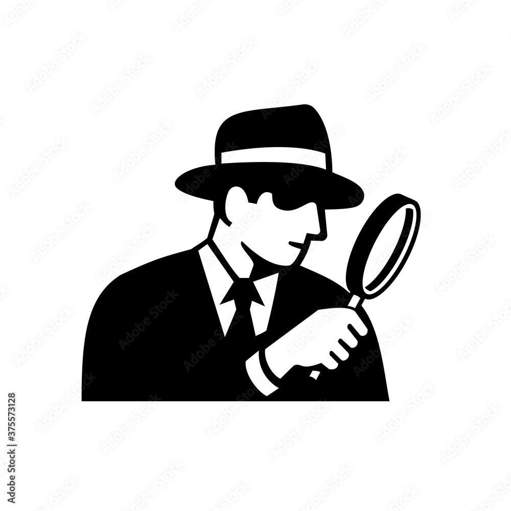 Private Eye Detective Inspector or Investigator Looking Magnifying Glass Retro Stencil Black and White Private Eye Detective Inspector or Investigator Looking Magnifying Glass Retro Stencil Black and White