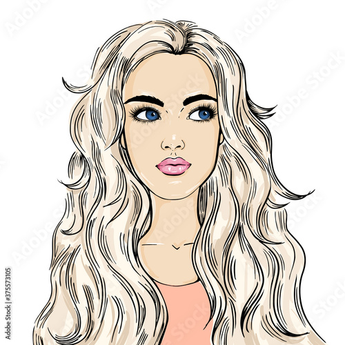 Fashion illustration. Beautiful face. The woman looks to the side, pensive face. Vector EPS 10.