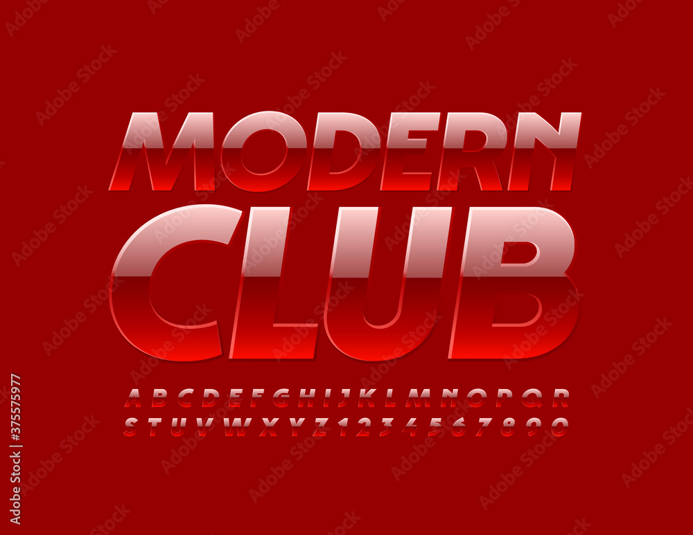 Vector bright emblem Modern Club. Elegant Red Font. Reflective Alphabet Letters and Numbers set Vector bright emblem Modern Club. Elegant Red Font. Reflective Alphabet Letters and Numbers set