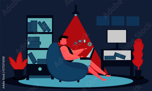 illustration of men playing laptop at living room, at home, room, doing assignments, social media, freelance.