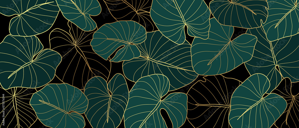 Luxury golden art deco wallpaper. Nature background vector. Floral pattern with golden split-leaf Philodendron plant with monstera plant line art on green emerald color background - obrazy, fototapety, plakaty 