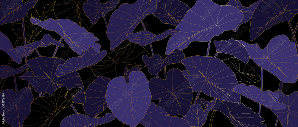 Luxury golden art deco wallpaper. Nature background vector. Floral pattern with golden split-leaf Philodendron plant with monstera plant line art on green emerald color background Luxury golden art deco wallpaper. Nature background vector. Floral pattern with golden split-leaf Philodendron plant with monstera plant line art on green emerald color background