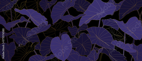 Luxury golden art deco wallpaper. Nature background vector. Floral pattern with golden split-leaf Philodendron plant with monstera plant line art on green emerald color background