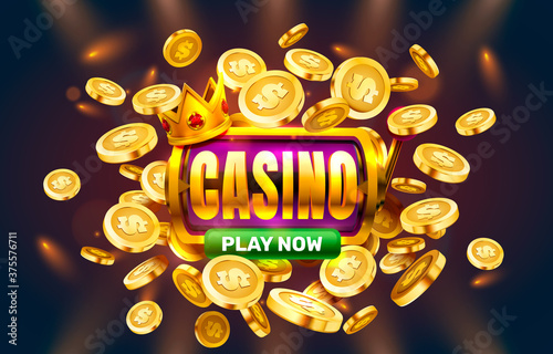 Play now casino slots golden coins, casino slot sign machine, night jackpot Vegas. Vector