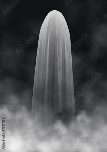 Scary ghost on a dark background in the fog. An evil spirit with a covered sheet. Halloween poster. Vector EPS 10