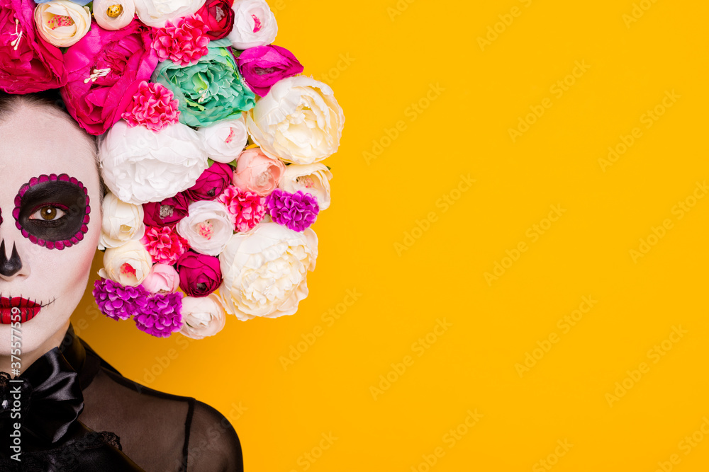 Cropped half face view close-up portrait of her she nice beautiful glamorous baleful lady wearing Santa Muerte accessory calavera copy space isolated bright vivid shine vibrant yellow color background