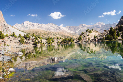 Fann mountains. Tajikistan. Beautiful view on Alaudin lake. Summer sunny day.