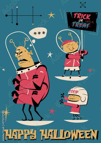 Holiday Funny Illustration Daddy Monster and his children, Trick or Treat Retro Style Caricature 