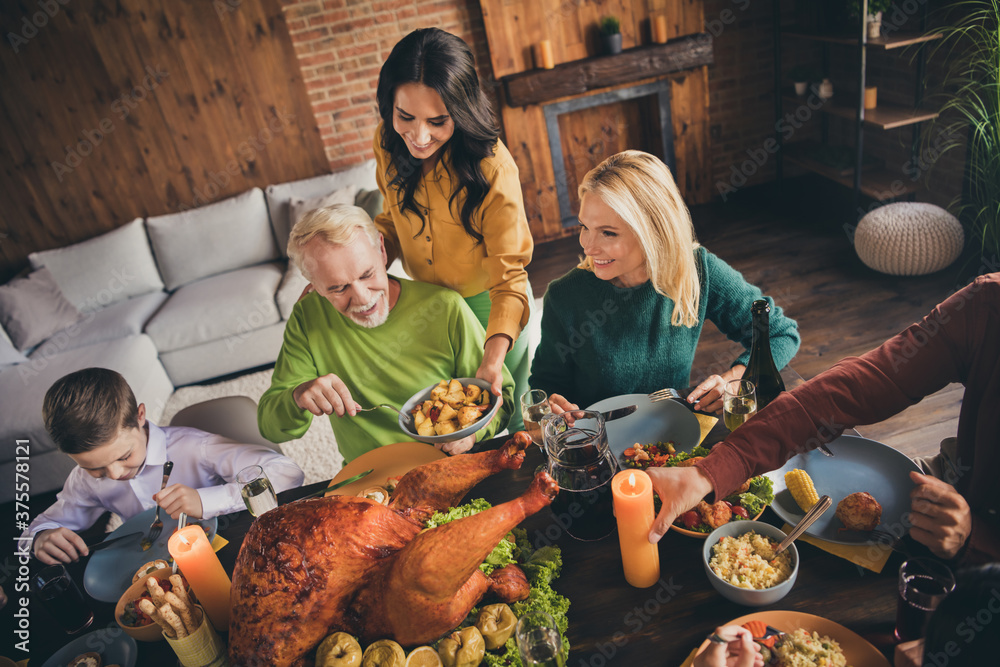 Above high angle view of nice attractive cheerful careful adorable family parents grandparents eating homemade turkey harvest serving nursery at modern loft brick industrial interior indoors
