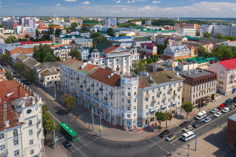 Mogilev. Intersection of Pervomaiskaya and Lazarenko streets. Catholic Cathedral of the Assumption of the Virgin Mary and St. Stanislav in Mogilev. View from above.