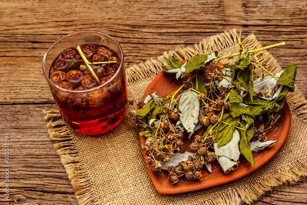 Dry leaves, flowers and berries of raspberry for cooking healthy herbal tea Dry leaves, flowers and berries of raspberry for cooking healthy herbal tea
