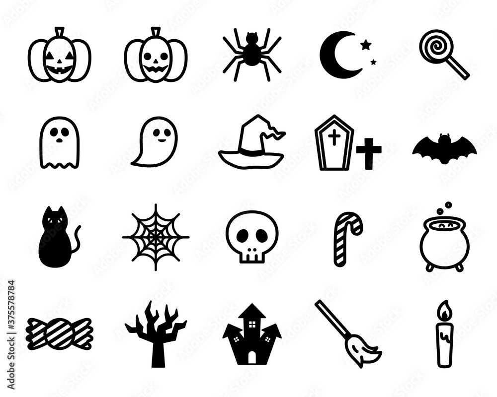 ハロウィンのシンプルなアイコンのセット かわいい イラスト カボチャ おばけ キャンディー 黒猫 Stock Vector Adobe Stock