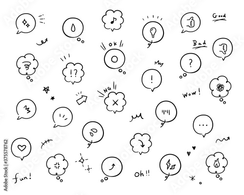 感情、気持ちの絵文字アイコンのセット／吹き出し／イラスト／記号／驚く／閃く／悩む／怒る