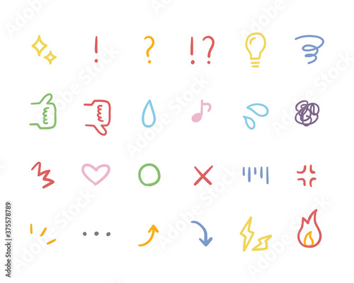 感情、気持ちの絵文字アイコンのセット／イラスト／記号／驚く／閃く／悩む／怒る