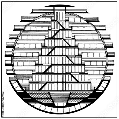 Bild auf Leinwand Tower or pyramid inside round structure, multi storey building with windows and stairs, with terraces and balconies, railings and foundation, with roof and elevator