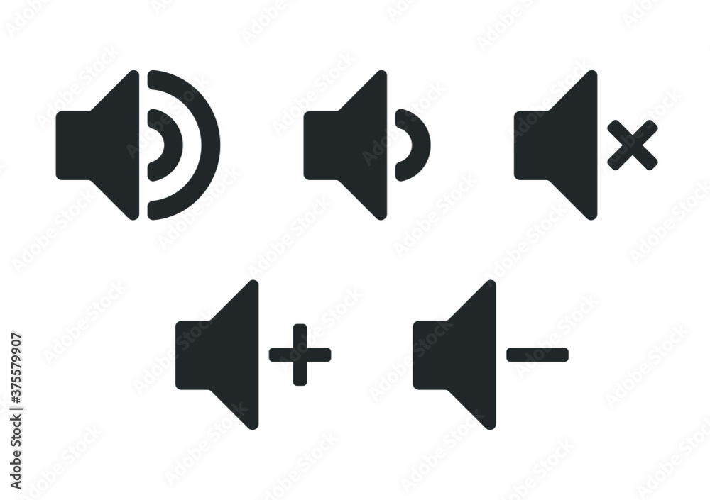 Speaker audio icon set. Volume voice control on off mute symbol. Flat application interface sound sign button. Vector illustration image. Isolated on white background. Speaker audio icon set. Volume voice control on off mute symbol. Flat application interface sound sign button. Vector illustration image. Isolated on white background.