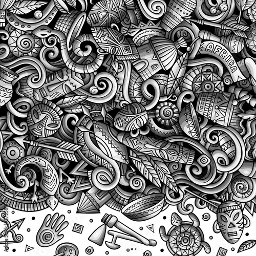 Cartoon doodles Africa illustration. Monochrome african culture border