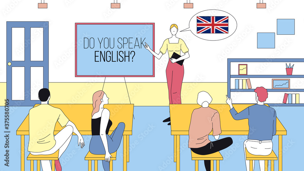 Vecteur Stock Do You Speak English Concept Cartoon Illustration. Linear  Vector Composition With Outline Of Speaking Club With Teacher And Students  Sitting At Desks. Educational Language Studying Group Of People | Adobe