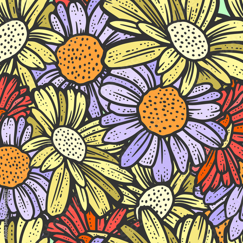 Seamless pattern, chamomile flowers. Sketch scratch board imitation.