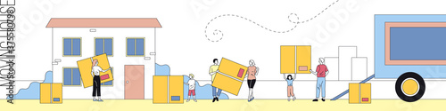 Big Family Moving House. Group Of People Carrying Huge Boxes With Household Items Together On The Background Of Building And Truck. Vector Linear Illustration With Outline And Cartoon Style Characters