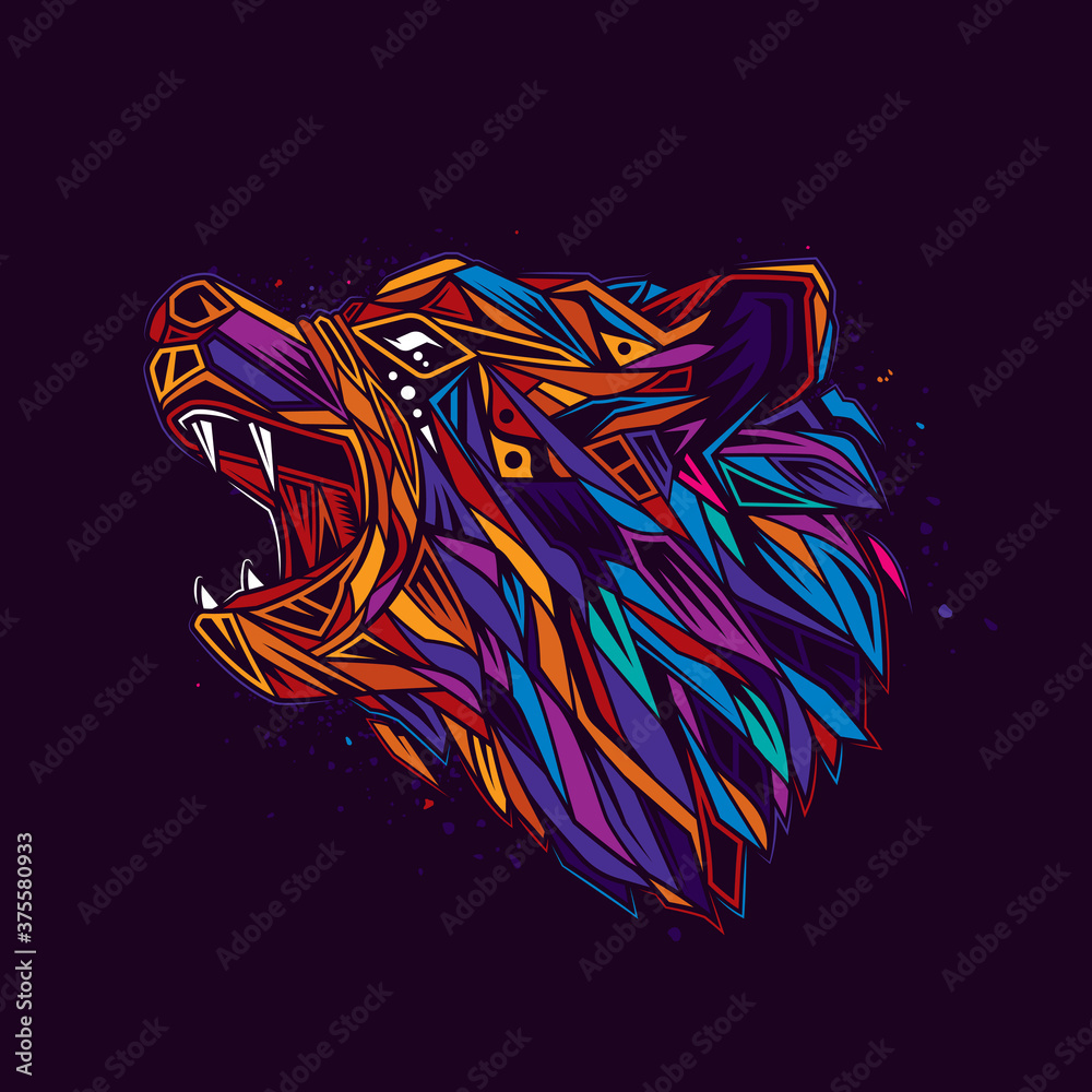 Original abstract vector illustration. Bear in neon retro style. Design for t-shirt or sticker