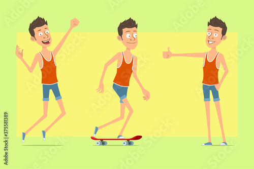Cartoon flat funny man character in singlet and shorts. Boy jumping, riding on skateboard and showing thumbs up. On yellow background.