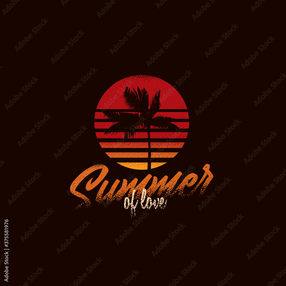 Vintage vector illustration. Palm tree on the background of a sunset in the retro style of the 80's. t-shirt design.