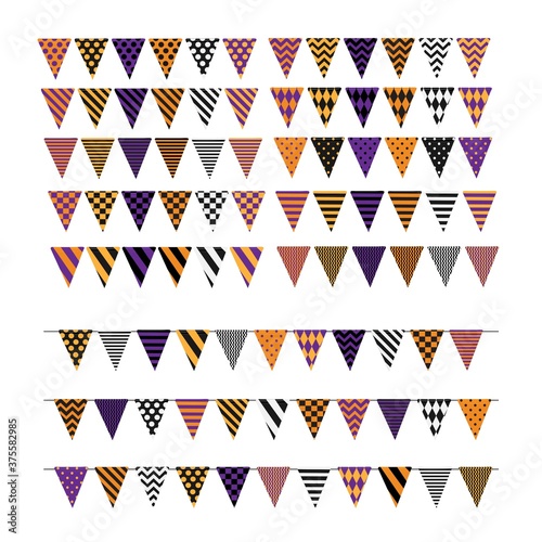 Set of multicolored flags with various geometric ornaments for decorating Halloween design isolated on white background