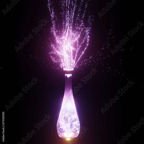 Light pods of light shoot out of the bottle that glows like magic. Multi-colored fluorescent dust. Abstract purple, pink, red and blue glitter particles. 3D Rendering