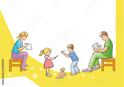 Cover design template for coloring book. The family is drawing.