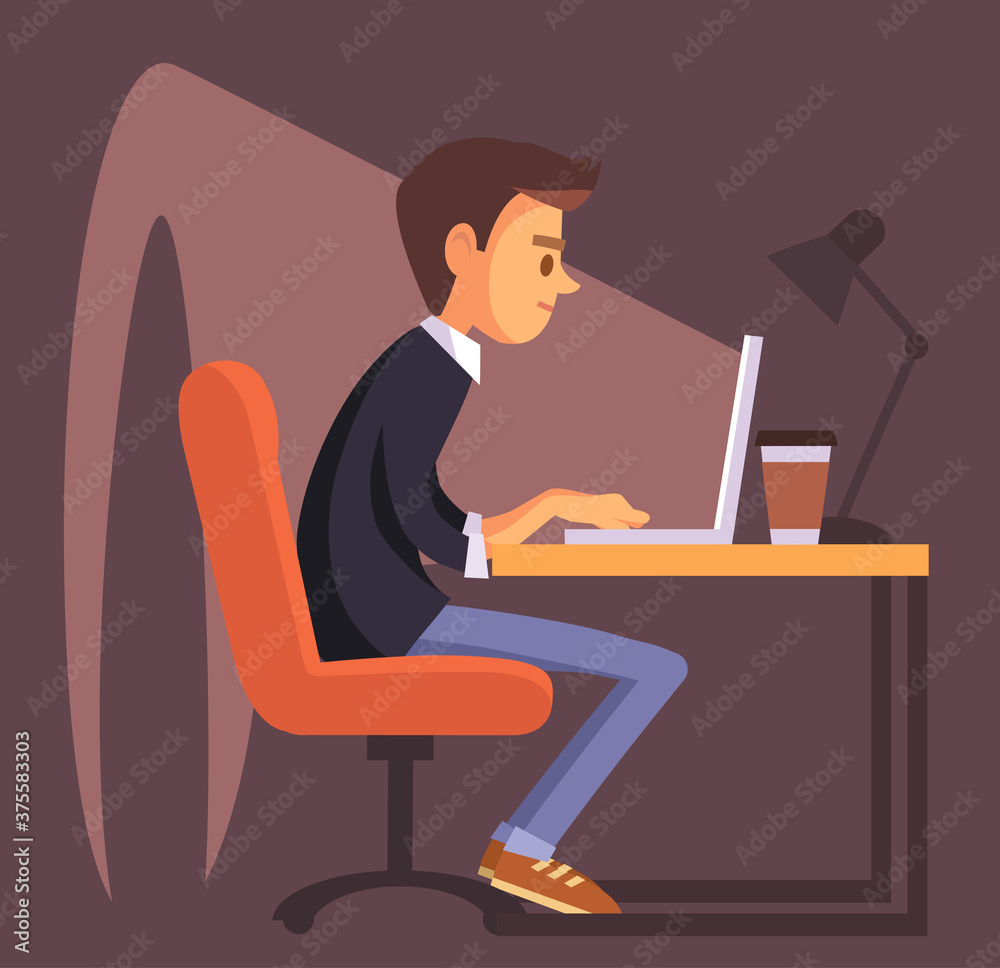 Office worker with laptop. Man freelancer working telecommuting with laptop siting at workplace teleworking. Telework mobile remote work working from home, WFH, flexible workplace. Vector. Office worker with laptop. Man freelancer working telecommuting with laptop siting at workplace teleworking. Telework mobile remote work working from home, WFH, flexible workplace. Vector.