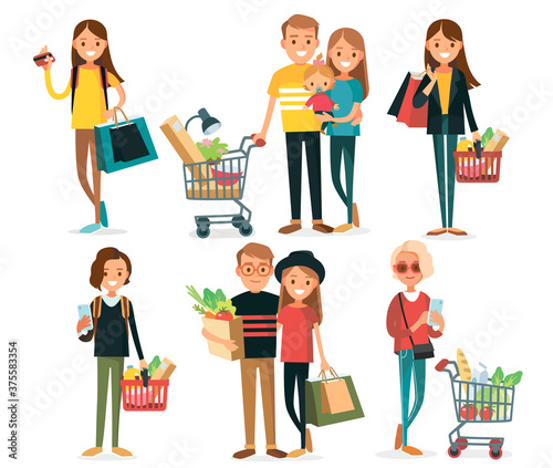 Set collection of shopping people walking with shopping cart, carrying shopping bags with purchases in supermarket. Character with basket in the store.Taking part in seasonal sale at store, shop, mall
