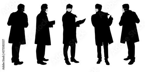 Vector concept conceptual  silhouette men working while social distancing as means of prevention and protection against coronavirus contamination. A metaphor for the new normal.