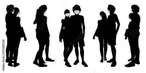 Vector concept conceptual  silhouette couples spending time together while social distancing as means of prevention and protection against coronavirus contamination. A metaphor for the new normal.