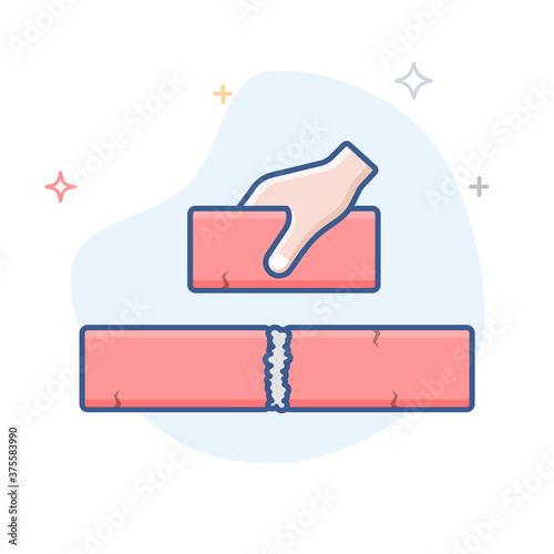 Hand laying bricks outline vector icon. Brickwork line illustration. Hand holding brick.